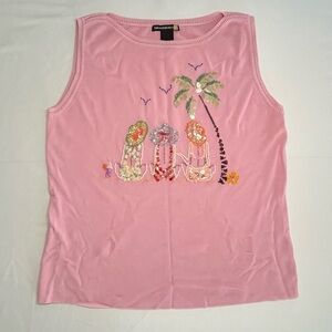 Vintage Sweaterworks Pink Sleeveless Knit Top Beaded Ocean Summer Scene Sz XL